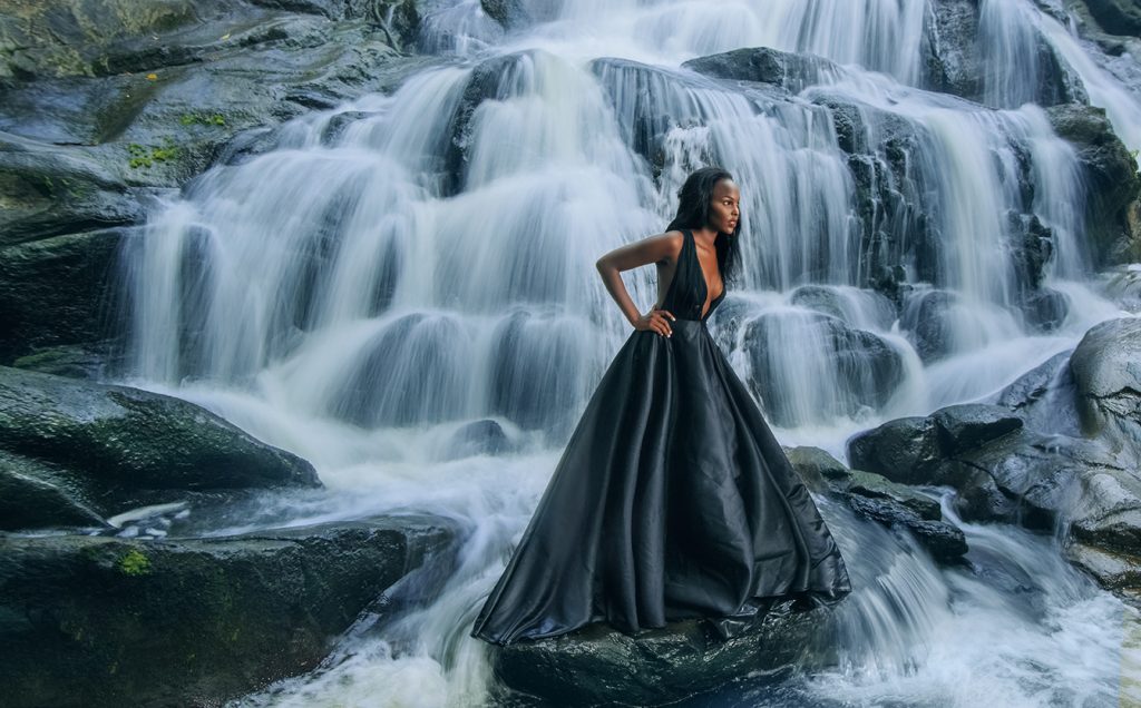 Fashion photography ideas by Ugandan Best Photographer Oscar Ntege based in Dubai. editorial waterfall black dress